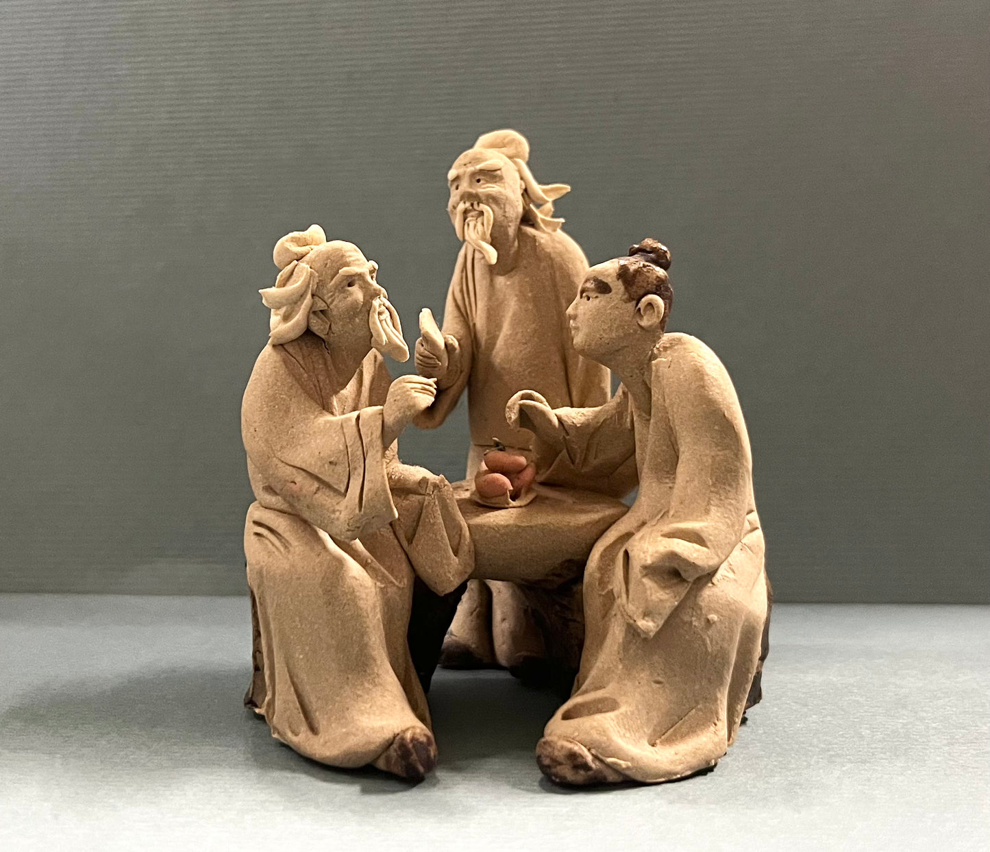 Chinese Shiwan Mudmen Eating Fruit - Decorative Figurines for Bonsai Tree