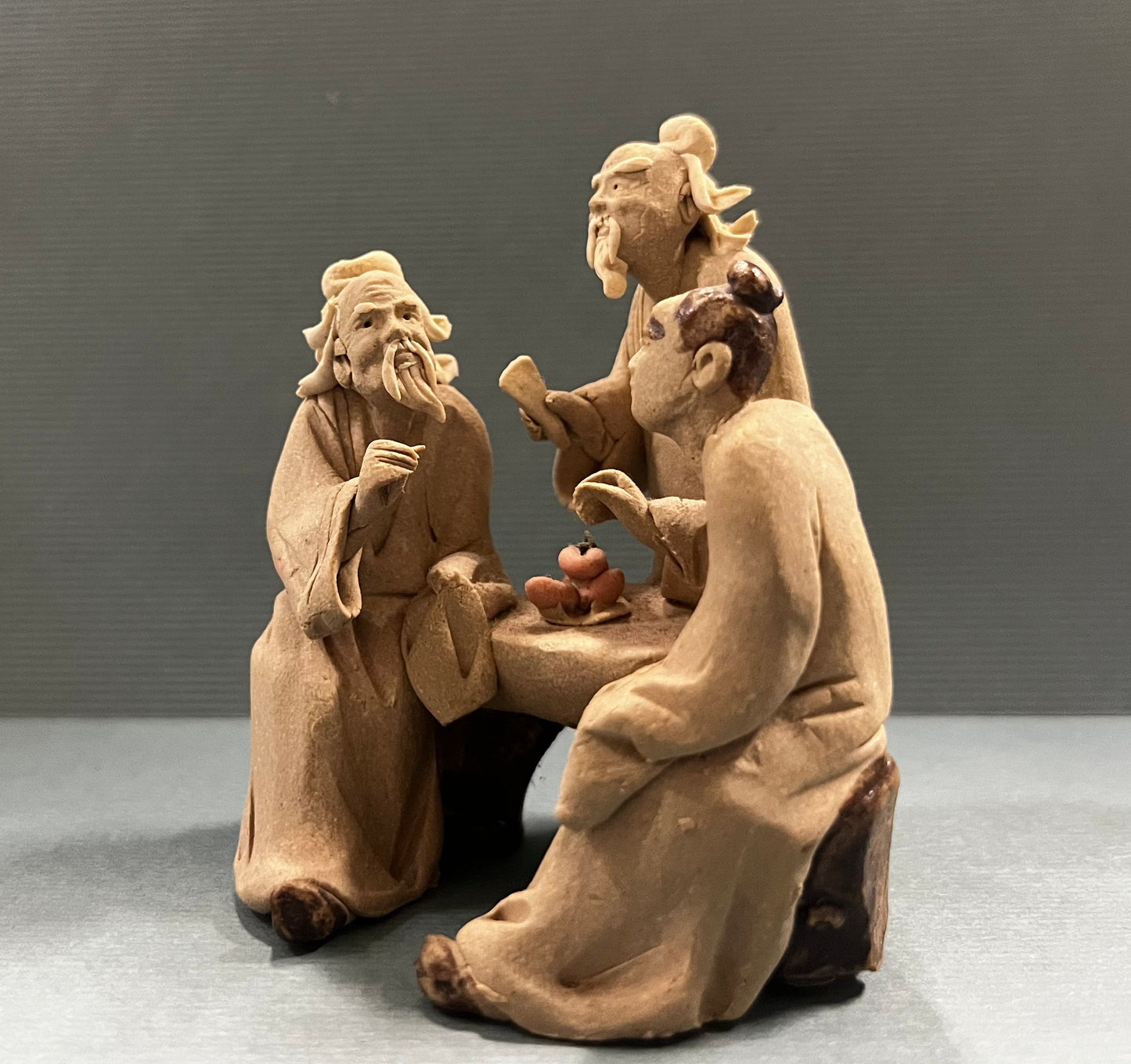 Chinese Shiwan Mudmen Eating Fruit - Decorative Figurines for Bonsai Tree