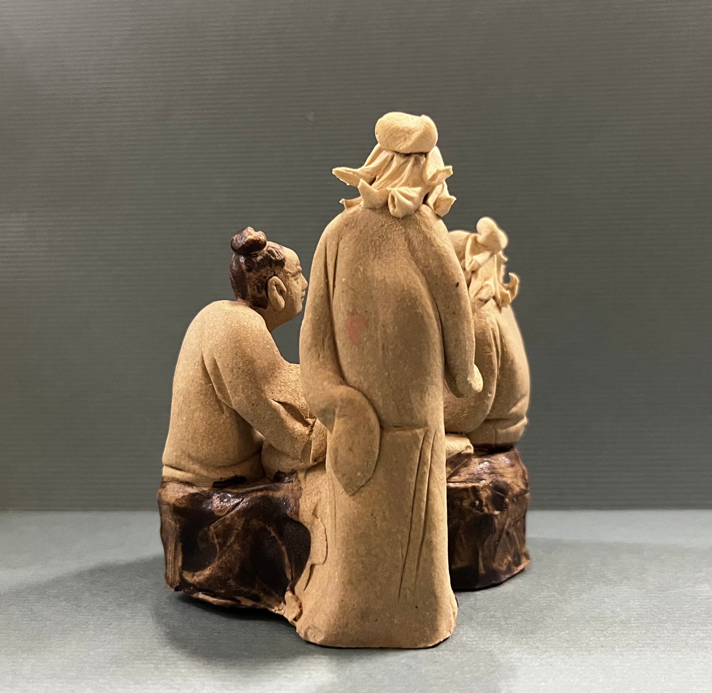 Chinese Shiwan Mudmen Eating Fruit - Decorative Figurines for Bonsai Tree