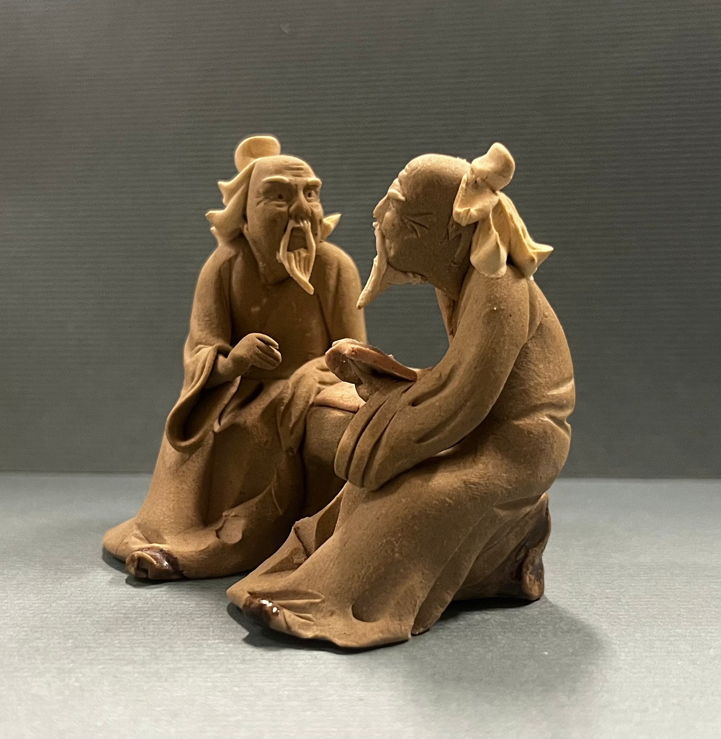 Chinese Shiwan Mudmen Discussing Book - Decorative Figurines for Bonsai Tree