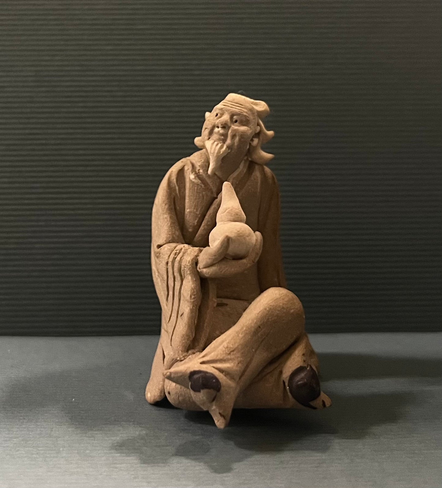 Chinese Shiwan Mudman Holding Opium Lamp - Decorative Figurine for Bonsai Tree