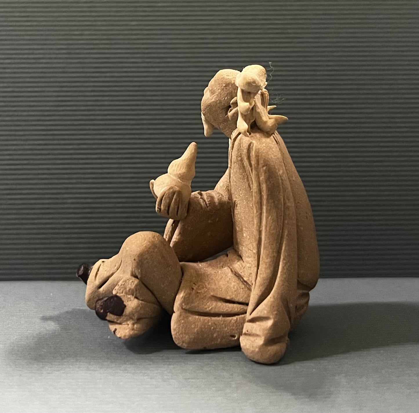 Chinese Shiwan Mudman Holding Opium Lamp - Decorative Figurine for Bonsai Tree