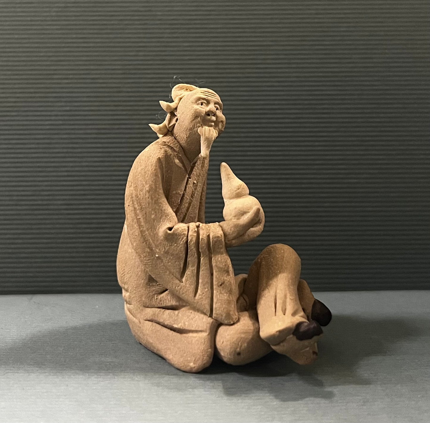Chinese Shiwan Mudman Holding Opium Lamp - Decorative Figurine for Bonsai Tree