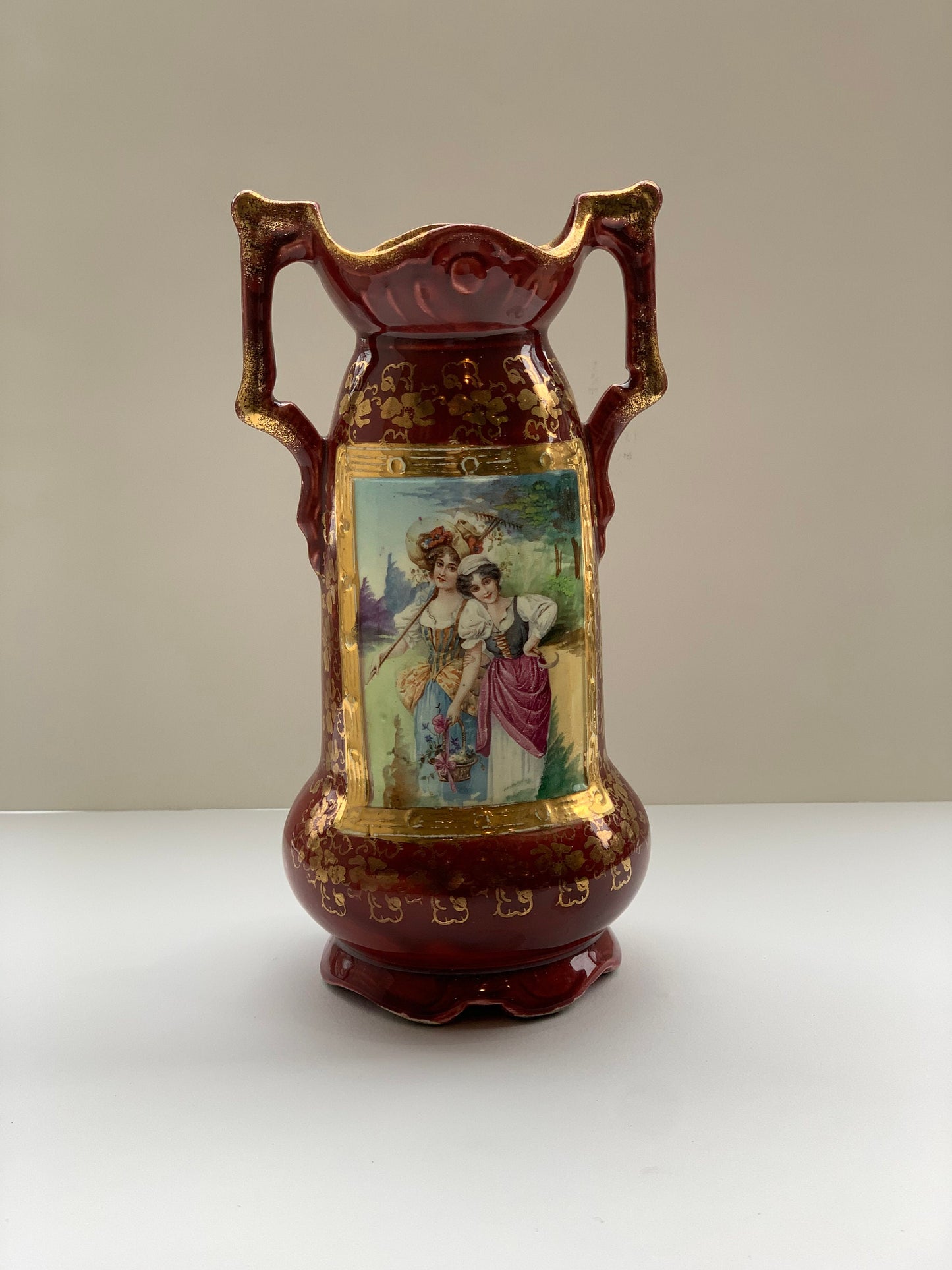 Magenta Majolica Vase with Two Women in the inset Design - Antique
