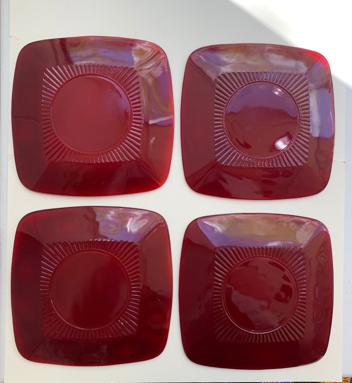 Ruby Glass Depression glass - Square Patterned Plate- 8.25 inch - Sold Individually