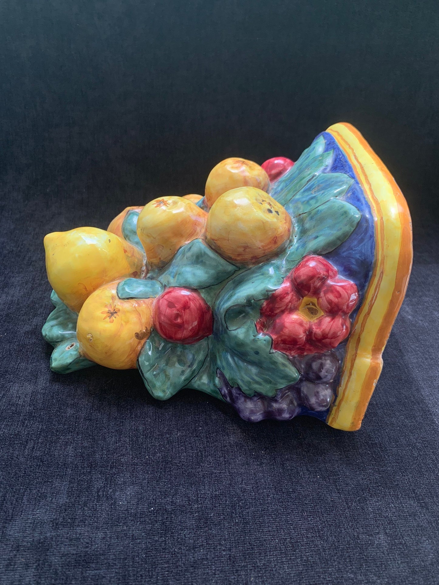 Italian Hand Painted Wall Planter with Lemon and Grape Design Signed D&G of Deruta Italy