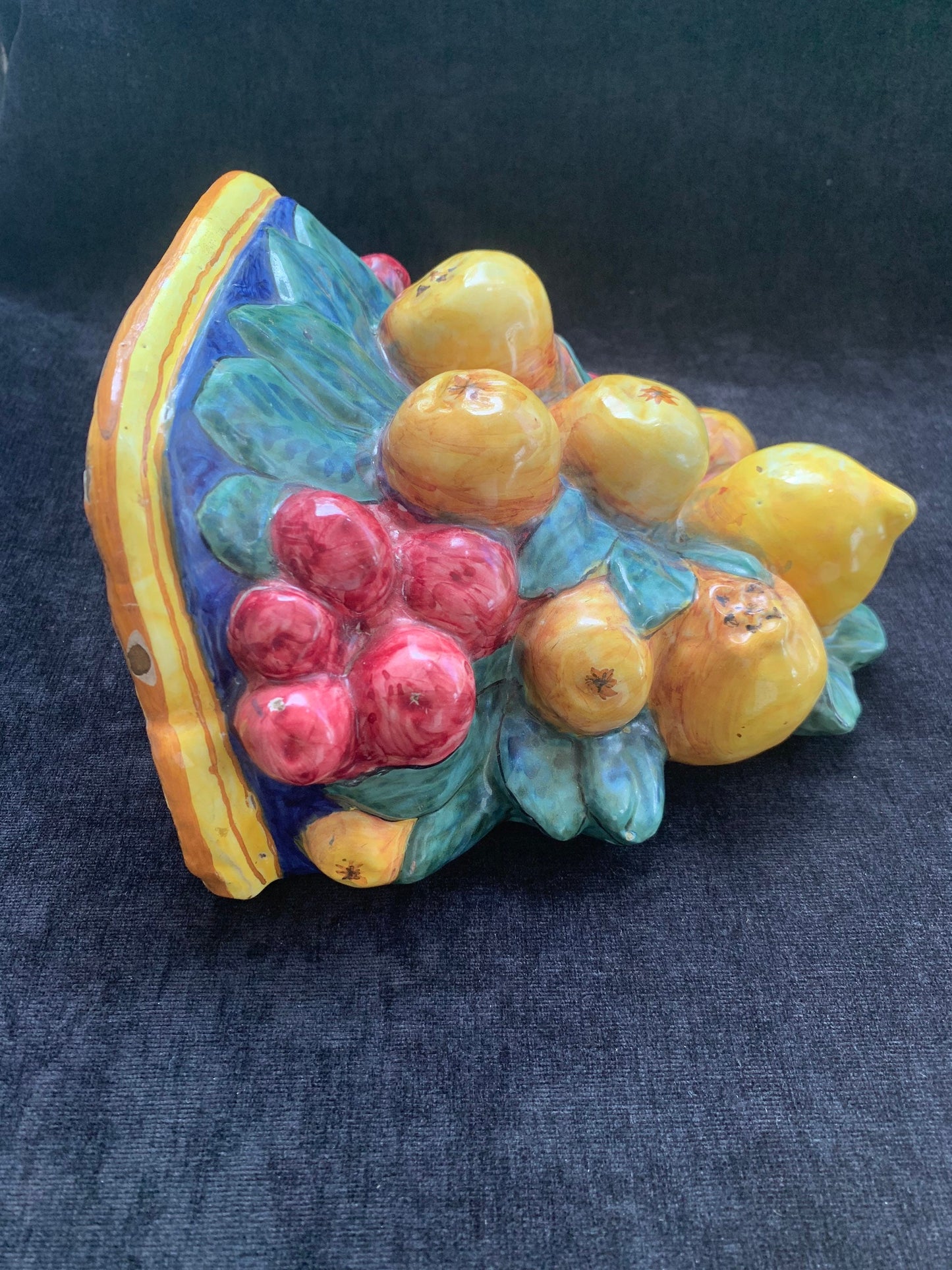 Italian Hand Painted Wall Planter with Lemon and Grape Design Signed D&G of Deruta Italy