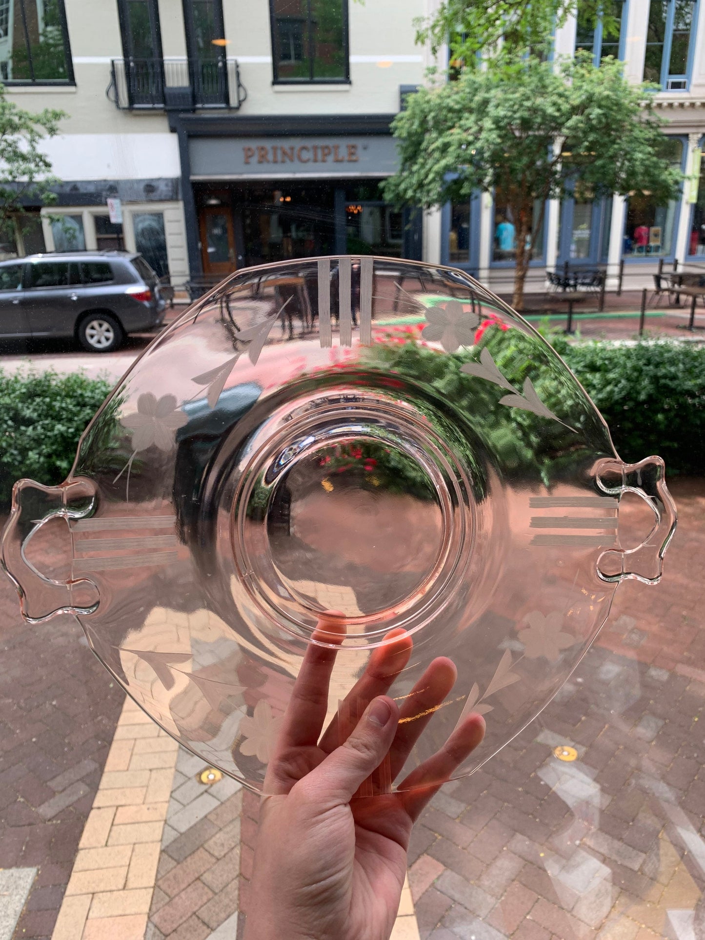 Pink Depression Glass Etched Floral and Lines Design Tray - Pink Depression Glass Cake Plate With Handles- Gorgeous Pink 13 Inch Tray