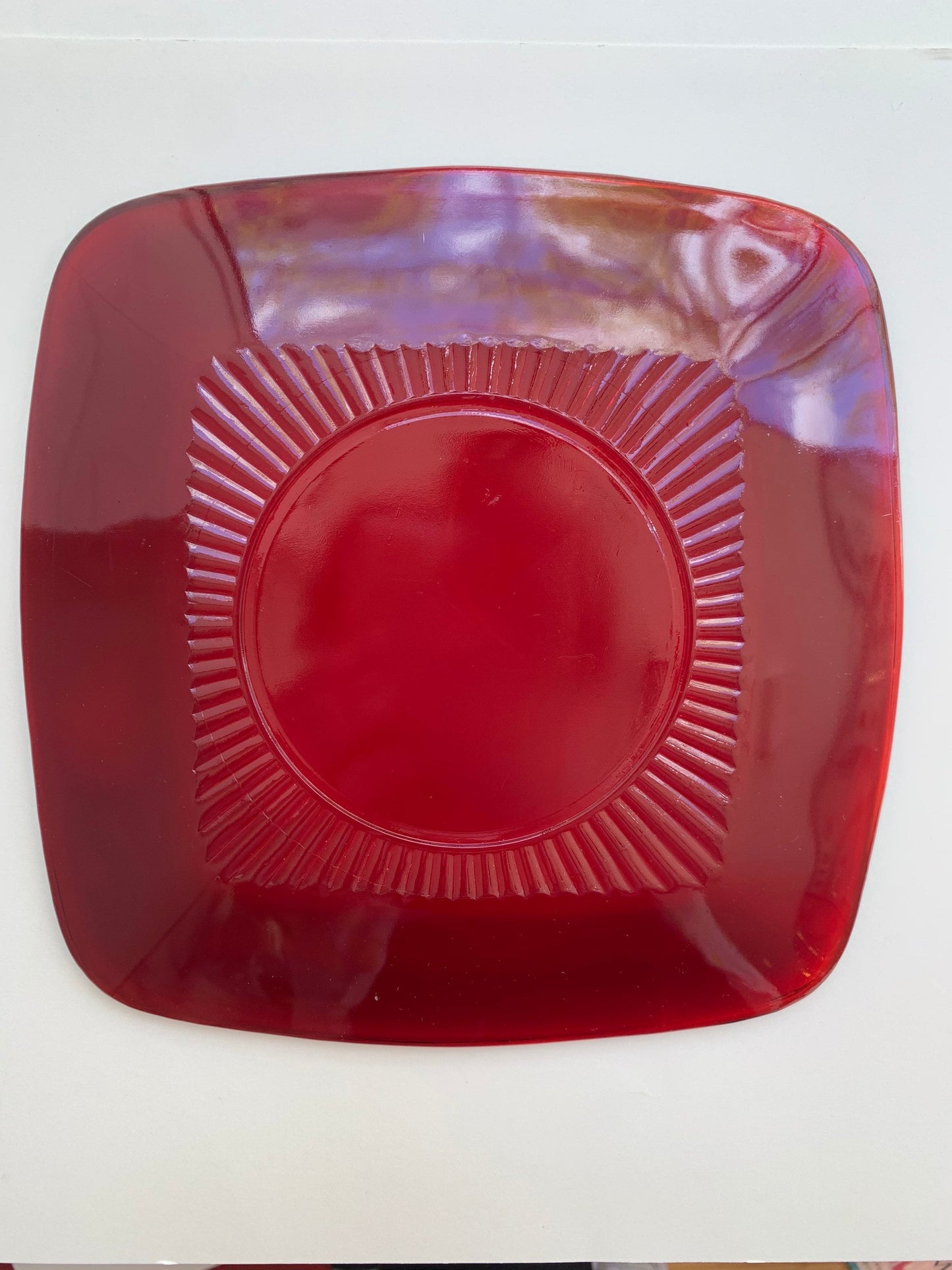 Ruby Glass Depression glass - Square Patterned Plate- 8.25 inch - Sold Individually
