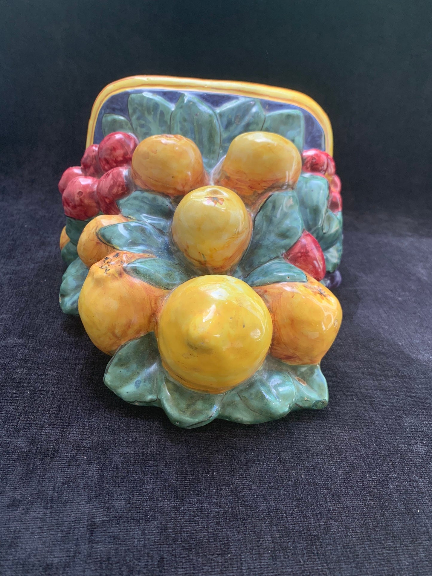 Italian Hand Painted Wall Planter with Lemon and Grape Design Signed D&G of Deruta Italy