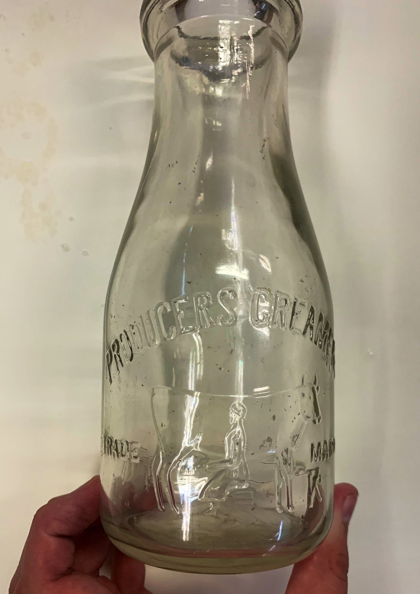 Rare Producer's Creamery Pint Milk Bottle, Early Bottle Design, Milkmaid with Cow Embossed design, Cow design Milk Bottle