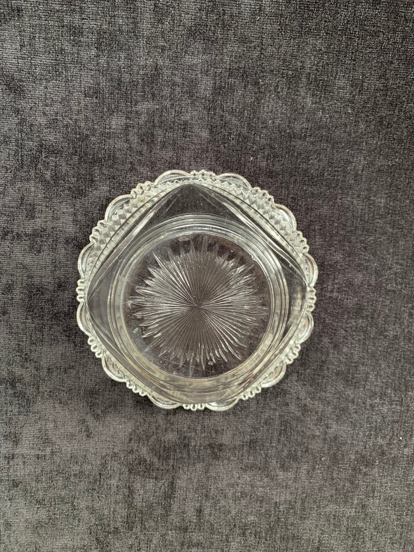 Etched Glass Candy Dish with Rays and Arches, Vintage