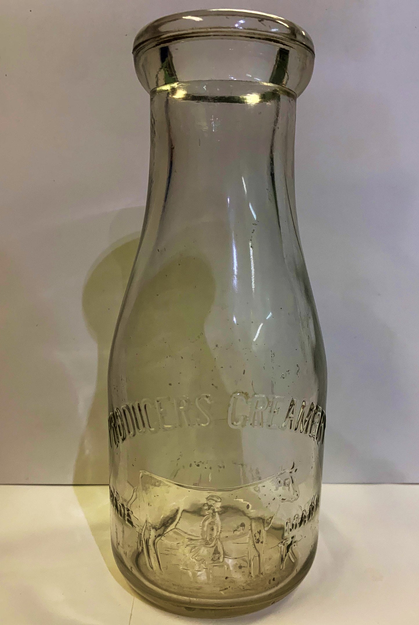 Rare Producer's Creamery Pint Milk Bottle, Early Bottle Design, Milkmaid with Cow Embossed design, Cow design Milk Bottle