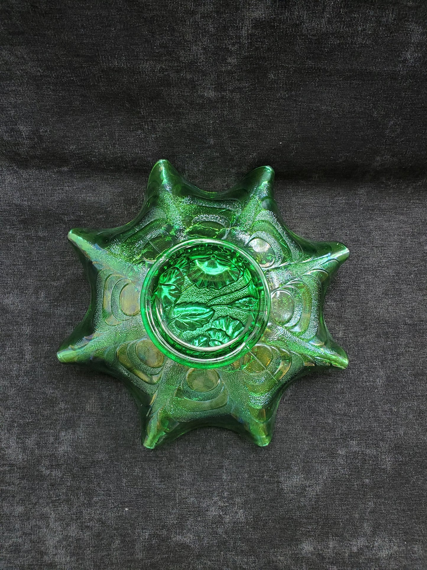 Pansy and Aros, Imperial Glass, Green Carnival Glass Ruffled Edge Bowl