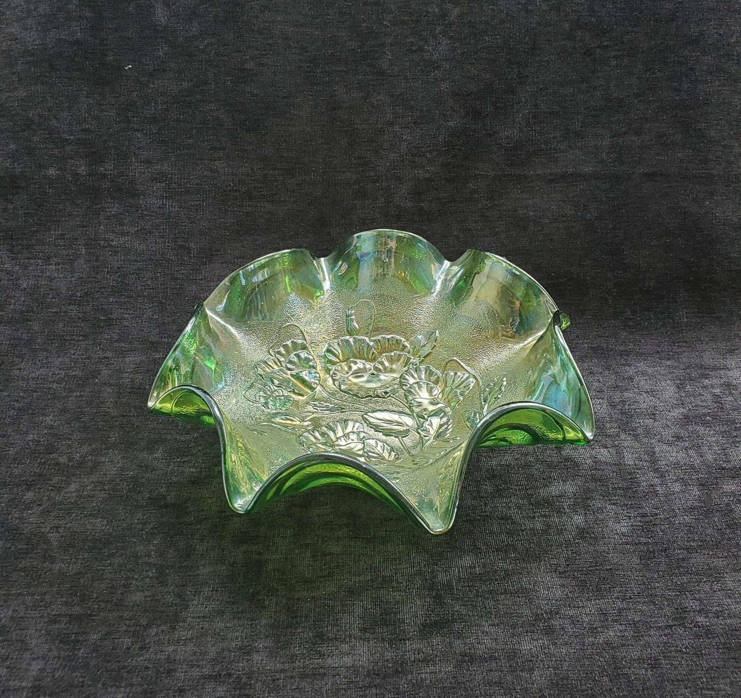 Pansy and Aros, Imperial Glass, Green Carnival Glass Ruffled Edge Bowl