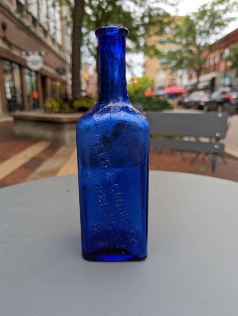 Cobalt 1890s Reed & Carnrick Peptenzyme 9" Bottle, Jersey City, New Jersey - Vintage Glass Bottle