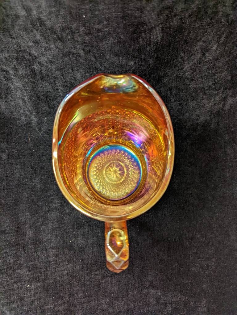 Marigold Carnival Glass Cream Pitcher With Button Diamond Pattern