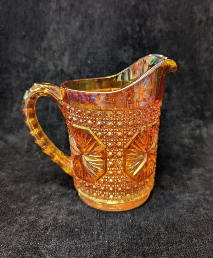 Marigold Carnival Glass Cream Pitcher With Button Diamond Pattern