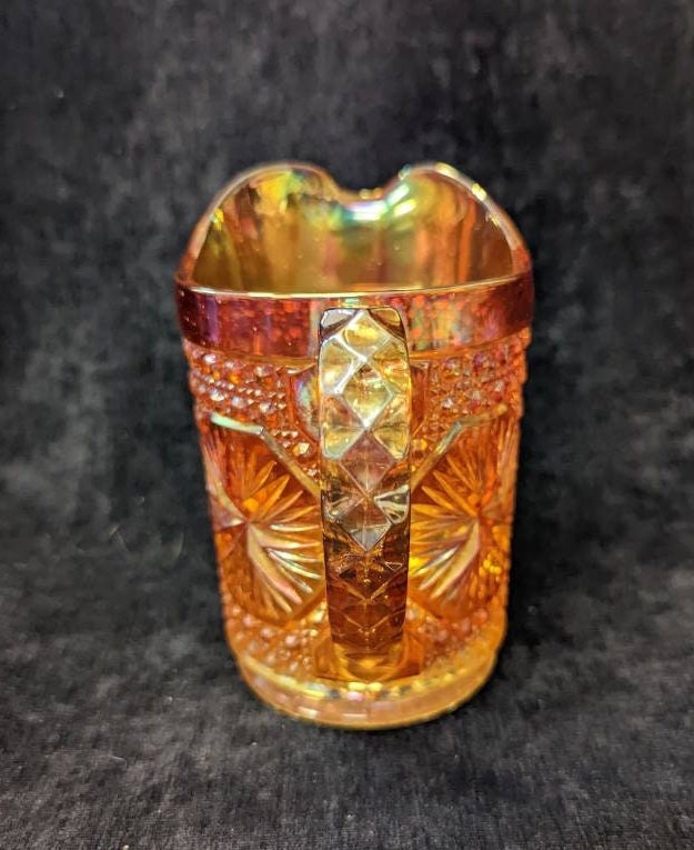 Marigold Carnival Glass Cream Pitcher With Button Diamond Pattern