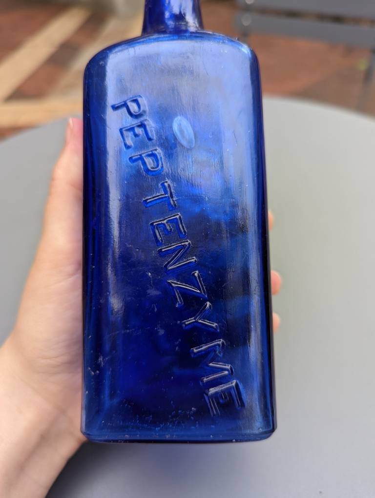 Cobalt 1890s Reed & Carnrick Peptenzyme 9" Bottle, Jersey City, New Jersey - Vintage Glass Bottle