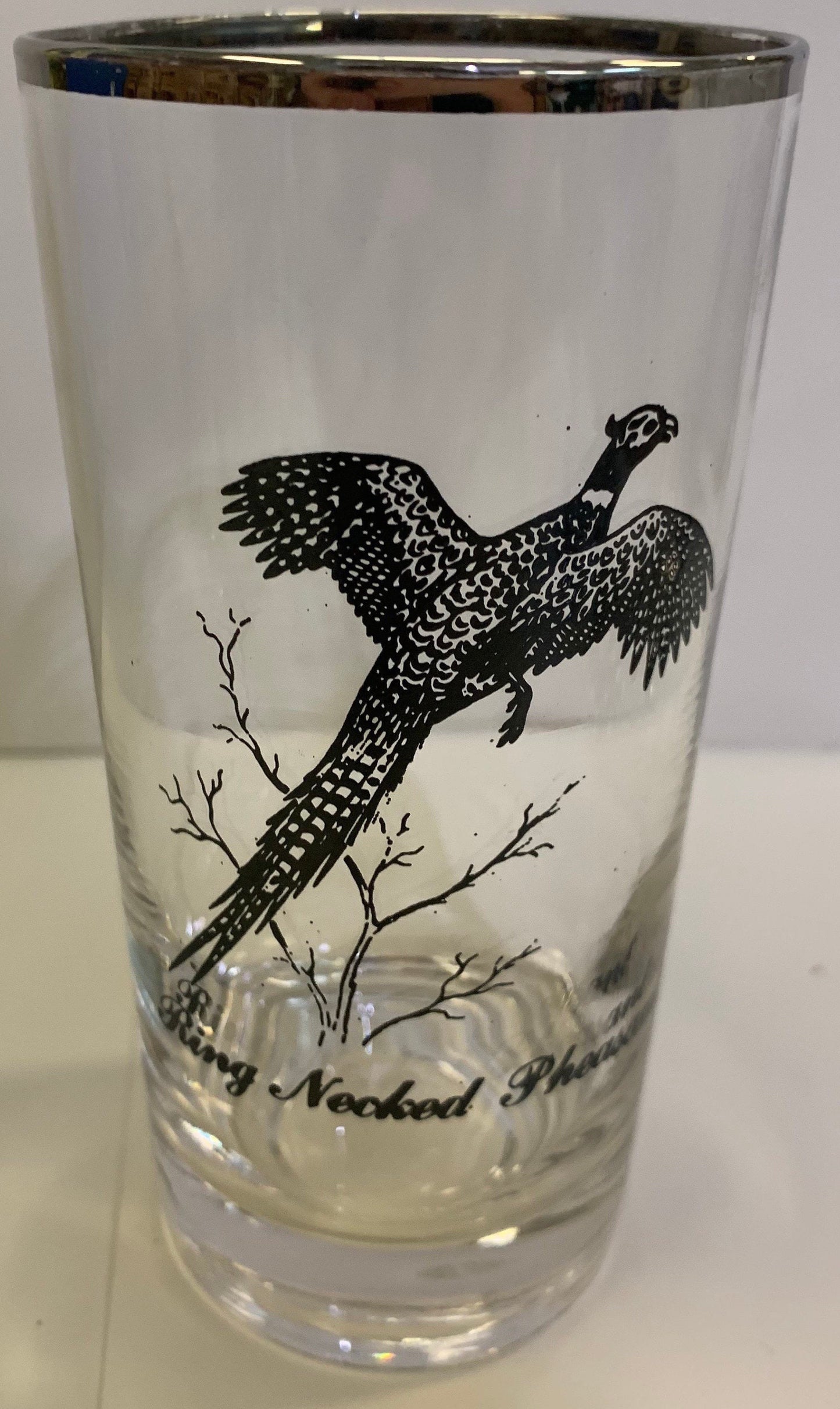 8 ounce Tumblers, Set of 4 North American Game Birds, Silver Rimmed, 2 Sets Available- Gift for the Hunter. Pheasant, Quail, Mallard, Goose