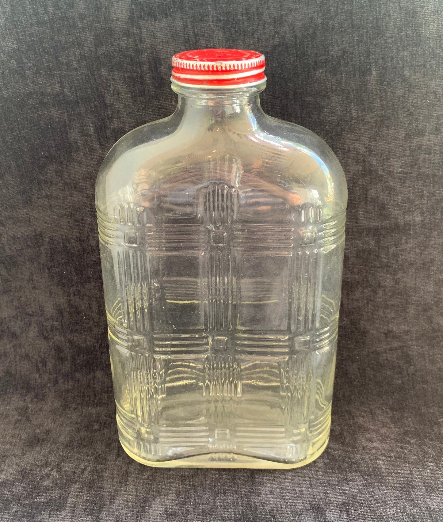 Hazel Atlas Criss Cross Clear Refrigerator Bottle with Red Screw Lid
