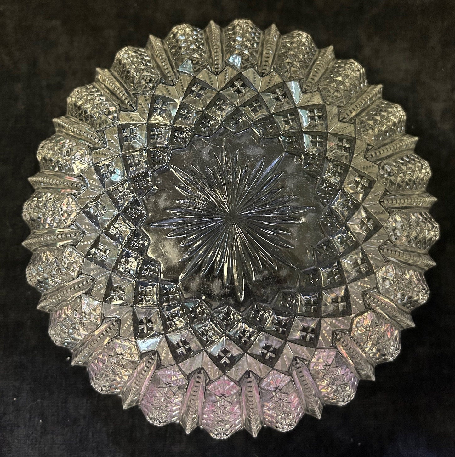 Crystal Glass Presentation Bowl- Large Molded Glass Zipper Pattern