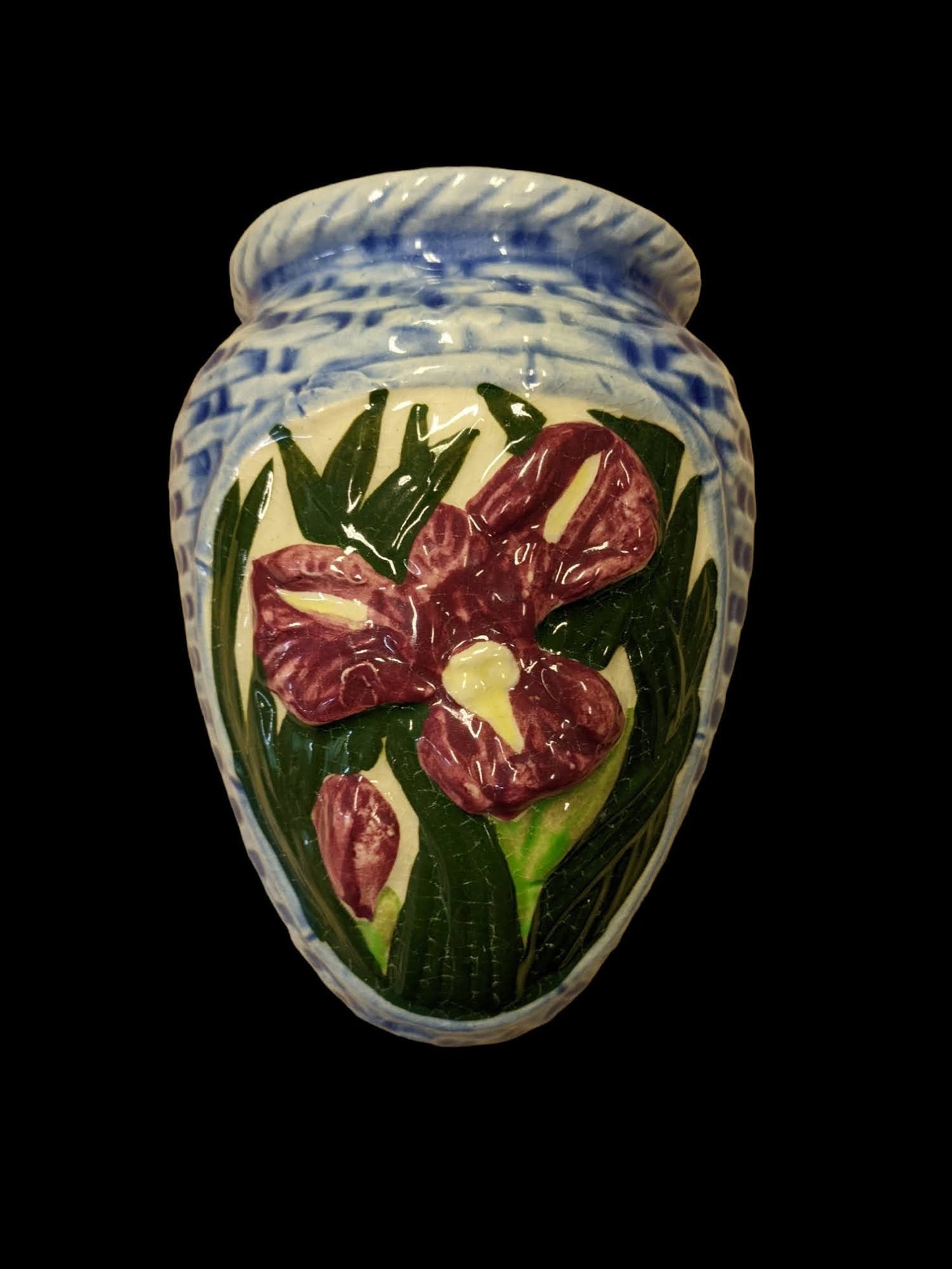 Burgundy Iris Surrounded by a Blue Basket Weave Vase - Vintage Wall Pocket Made In Japan