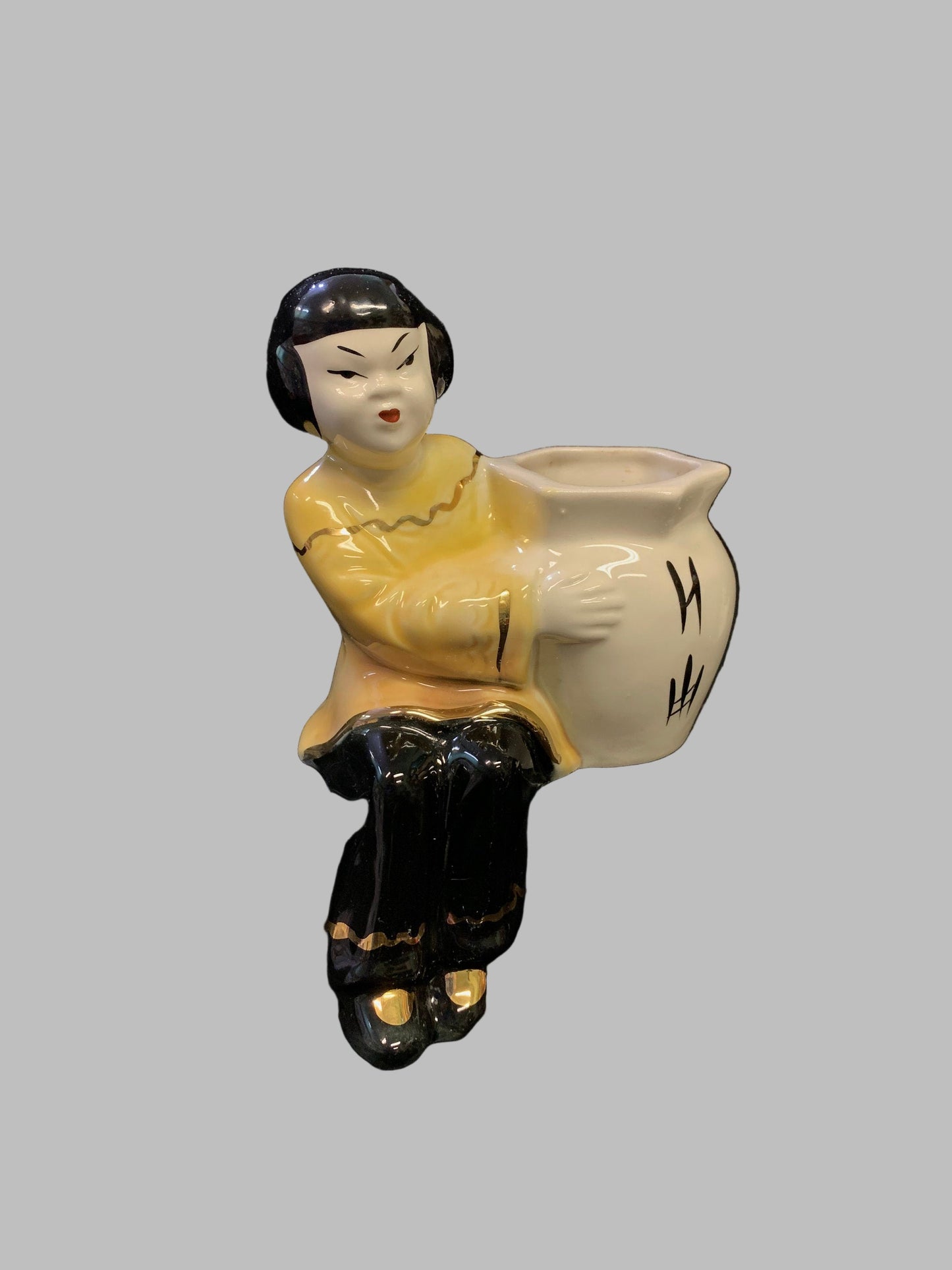 Set of Shelf Sitters with Vases - Japanese Couple on Benchs with Vase - Vintage Ceramic Figurines