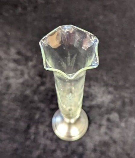 7.25" Tall Engraved Glass Vase with Pewter Base - Contemporary Swedish Design