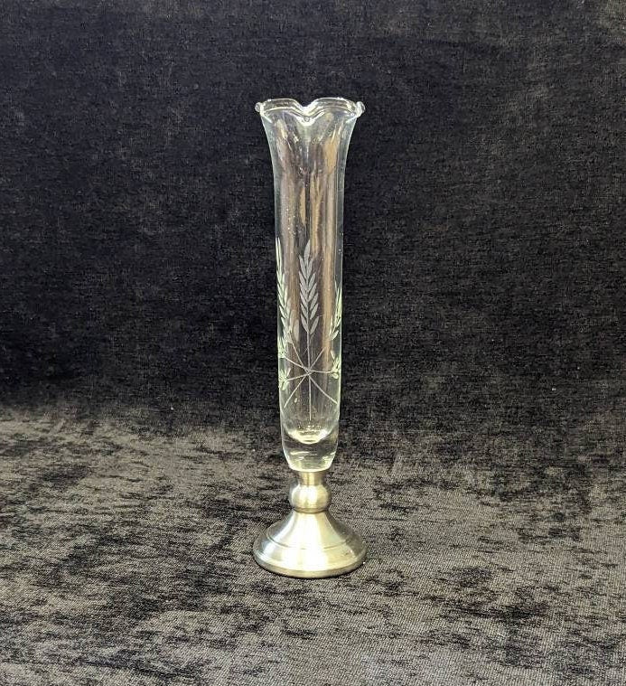 7.25" Tall Engraved Glass Vase with Pewter Base - Contemporary Swedish Design