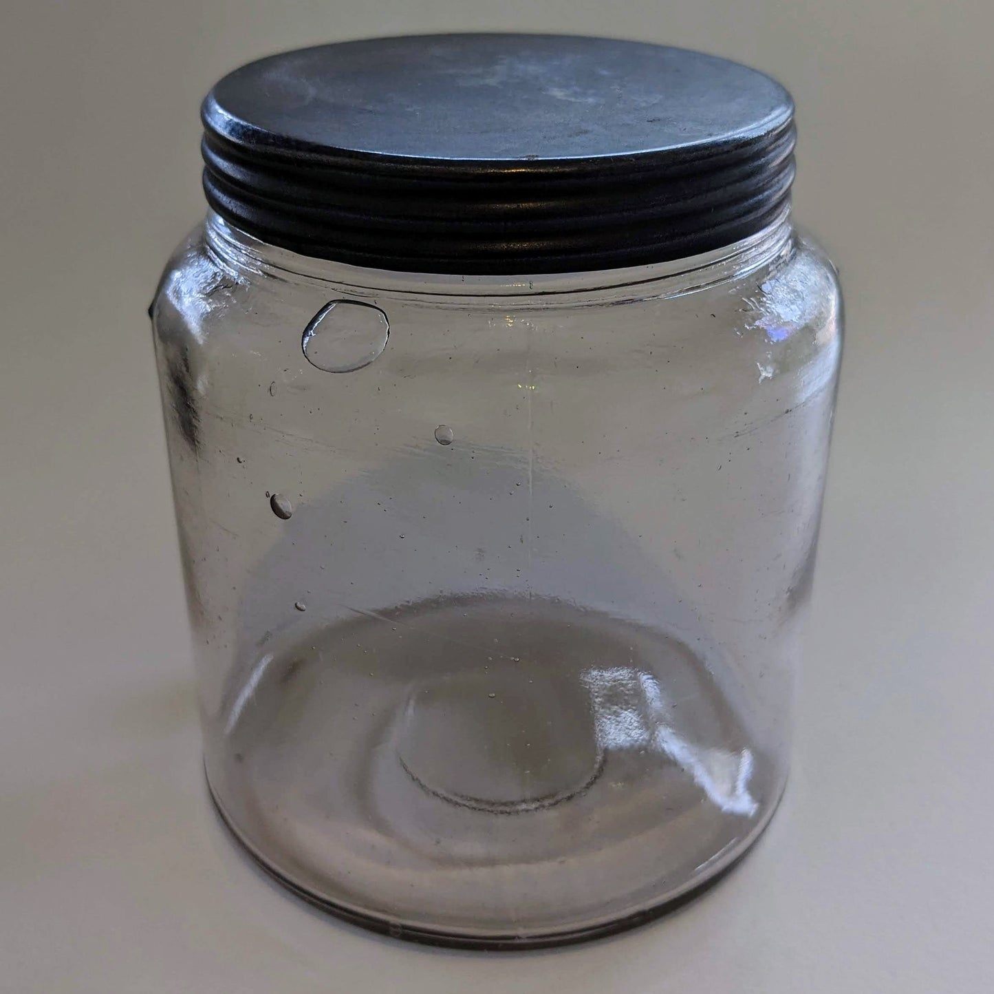 Lidded Screw Top Glass Jar - mouth blown early 1900