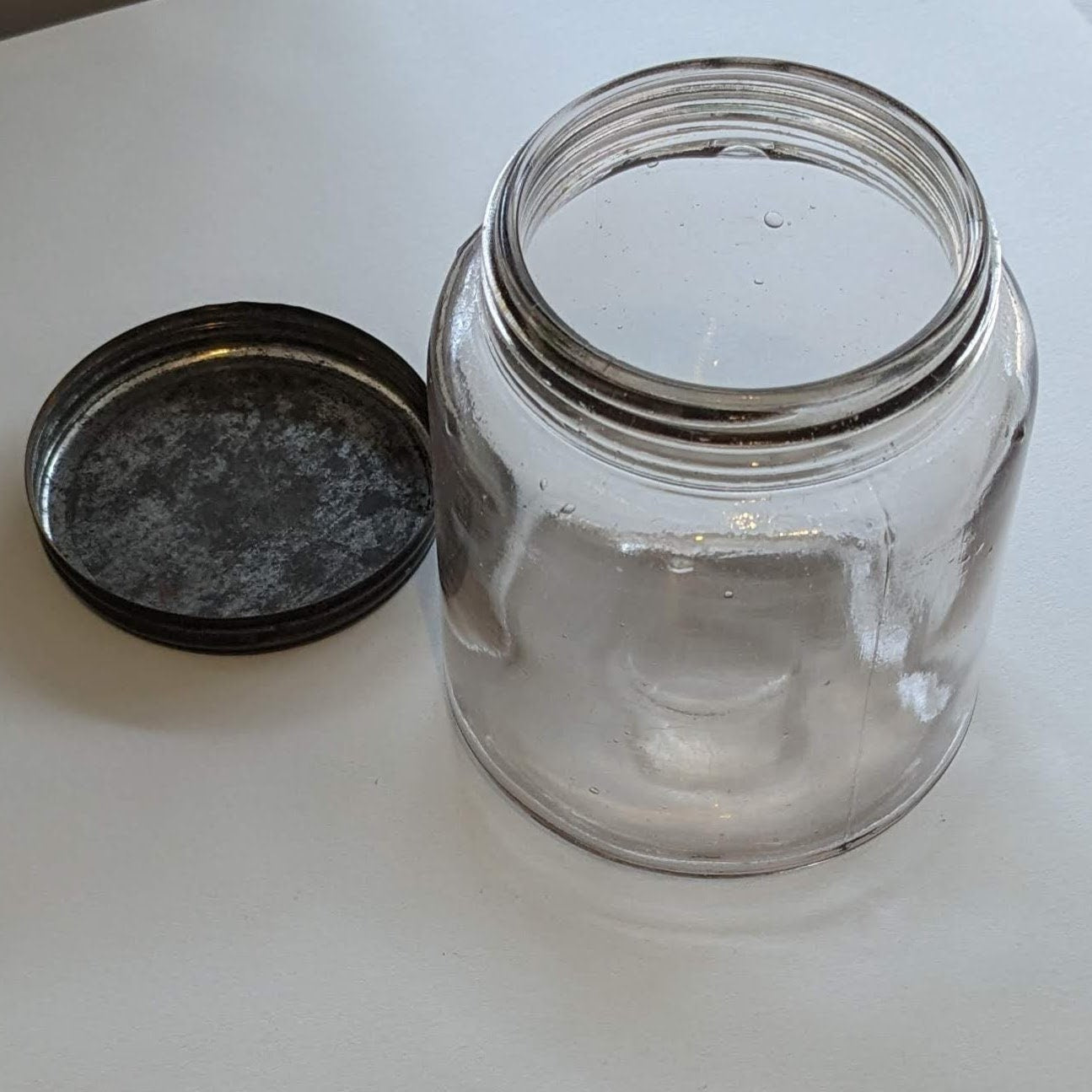 Lidded Screw Top Glass Jar - mouth blown early 1900
