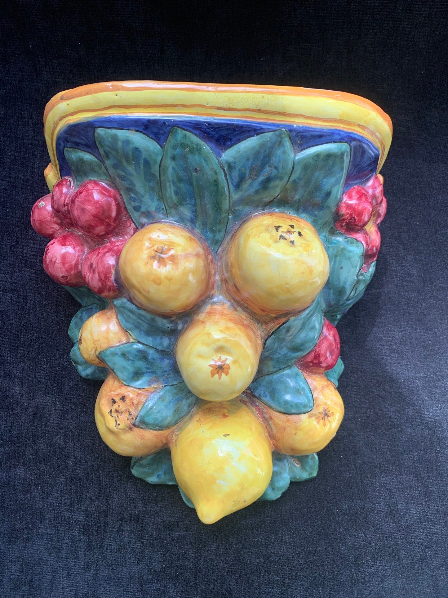Italian Hand Painted Wall Planter with Lemon and Grape Design Signed D&G of Deruta Italy