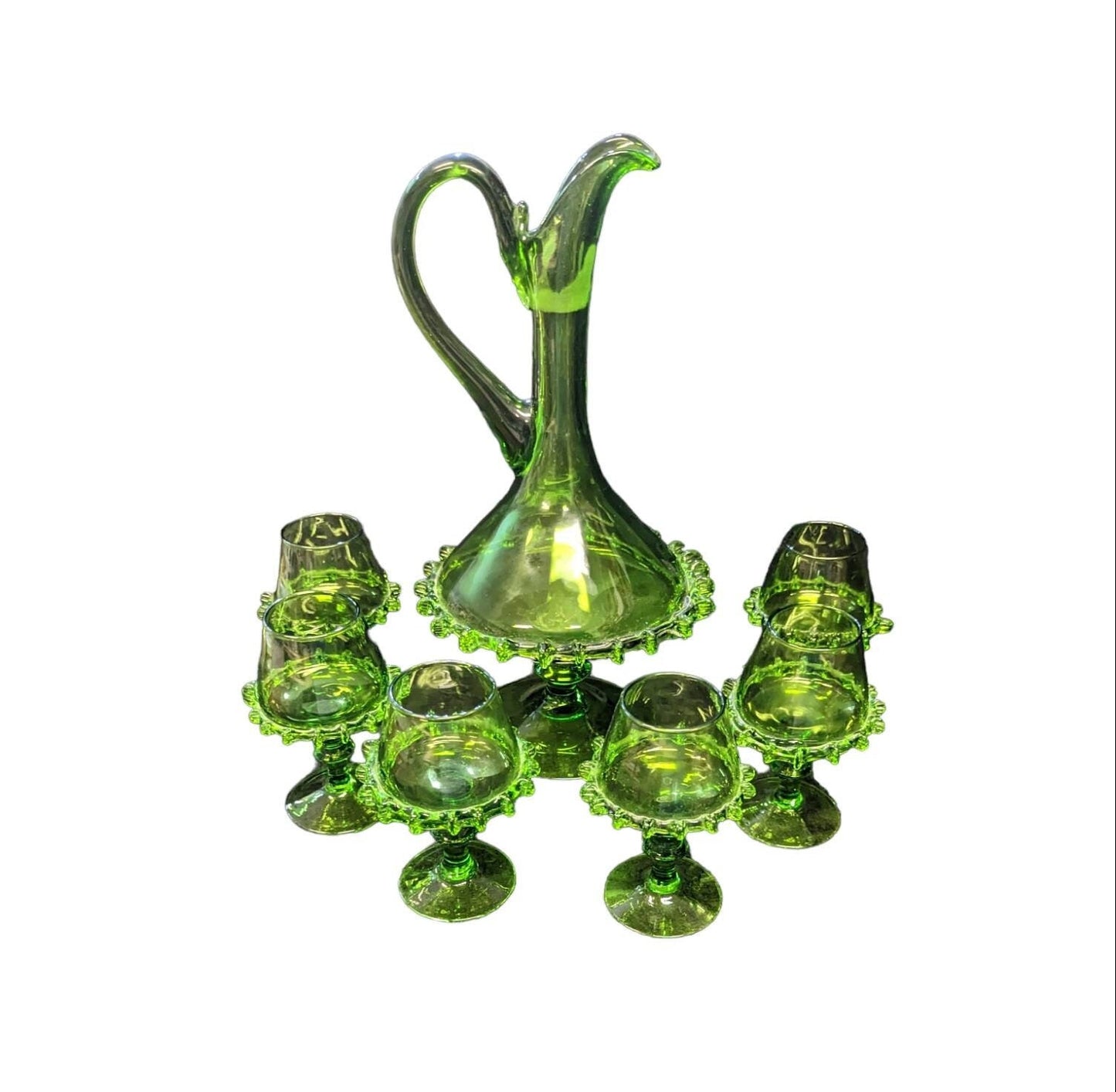 Handblown Green Glass Pitcher and 6 Goblets - Made in Czechoslovakia - BoHo Style - Bohemian Glass