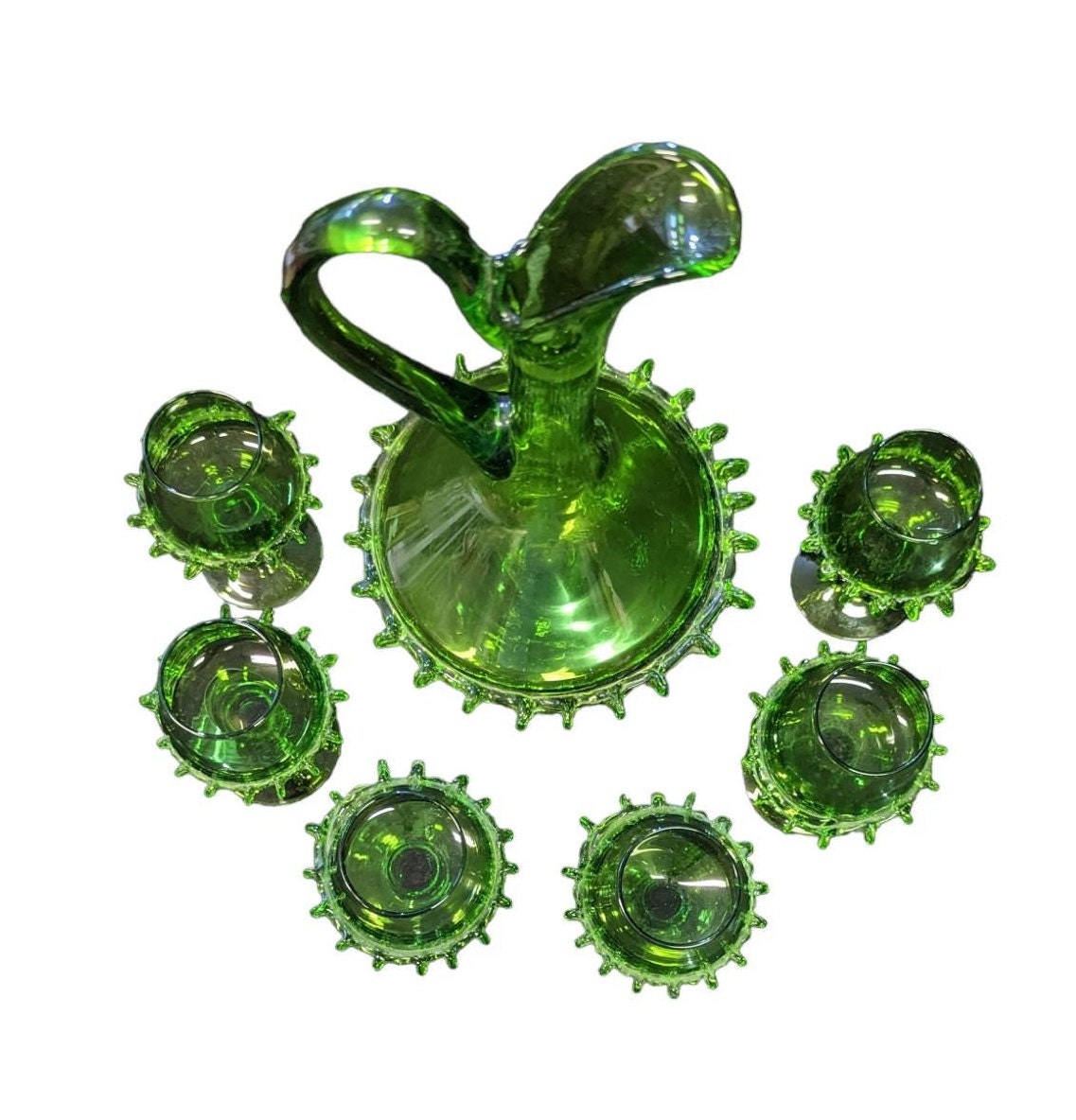 Handblown Green Glass Pitcher and 6 Goblets - Made in Czechoslovakia - BoHo Style - Bohemian Glass