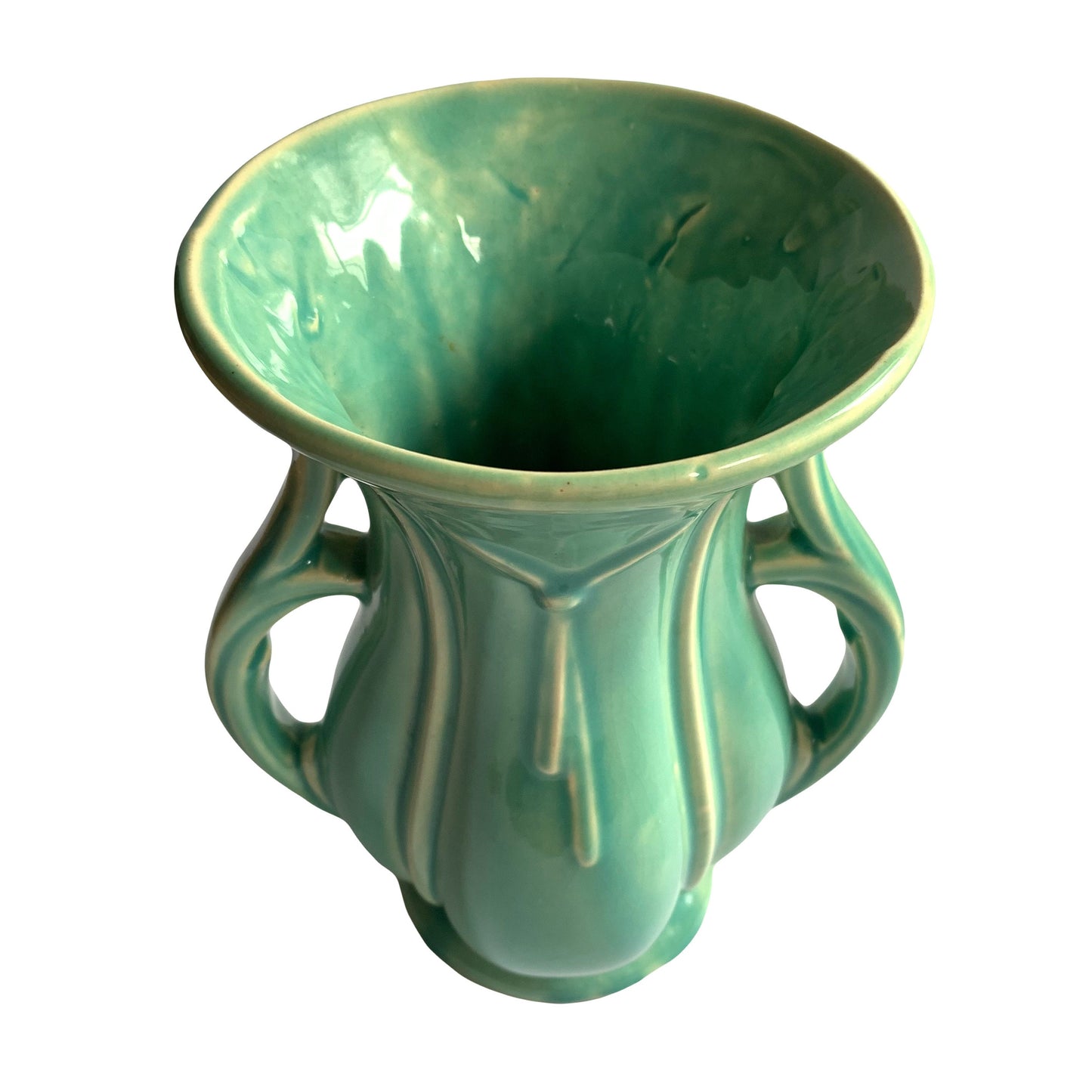 McCoy Large Vase With Knotted Tassel Design and Lovely Handles - Gloss Aqua Glaze McCoy - McCoy Bow Tie Vasert Deco