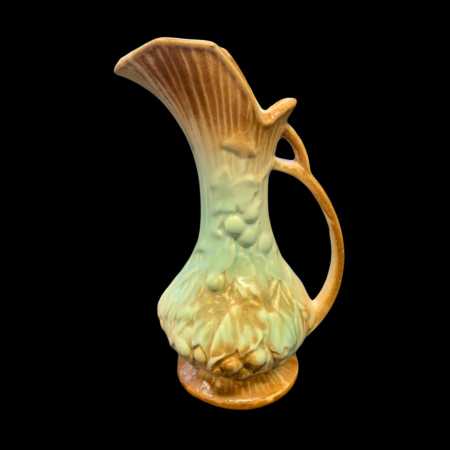 Aqua and Brown McCoy Pottery Ewer or Pitcher - Vintage Ceramic Ewer with Aqua and Brown Grape Motif - Vintage 1940s