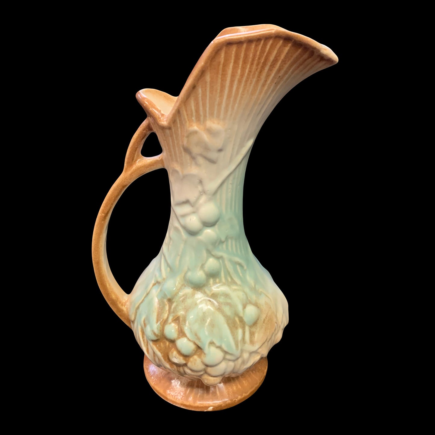 Aqua and Brown McCoy Pottery Ewer or Pitcher - Vintage Ceramic Ewer with Aqua and Brown Grape Motif - Vintage 1940s