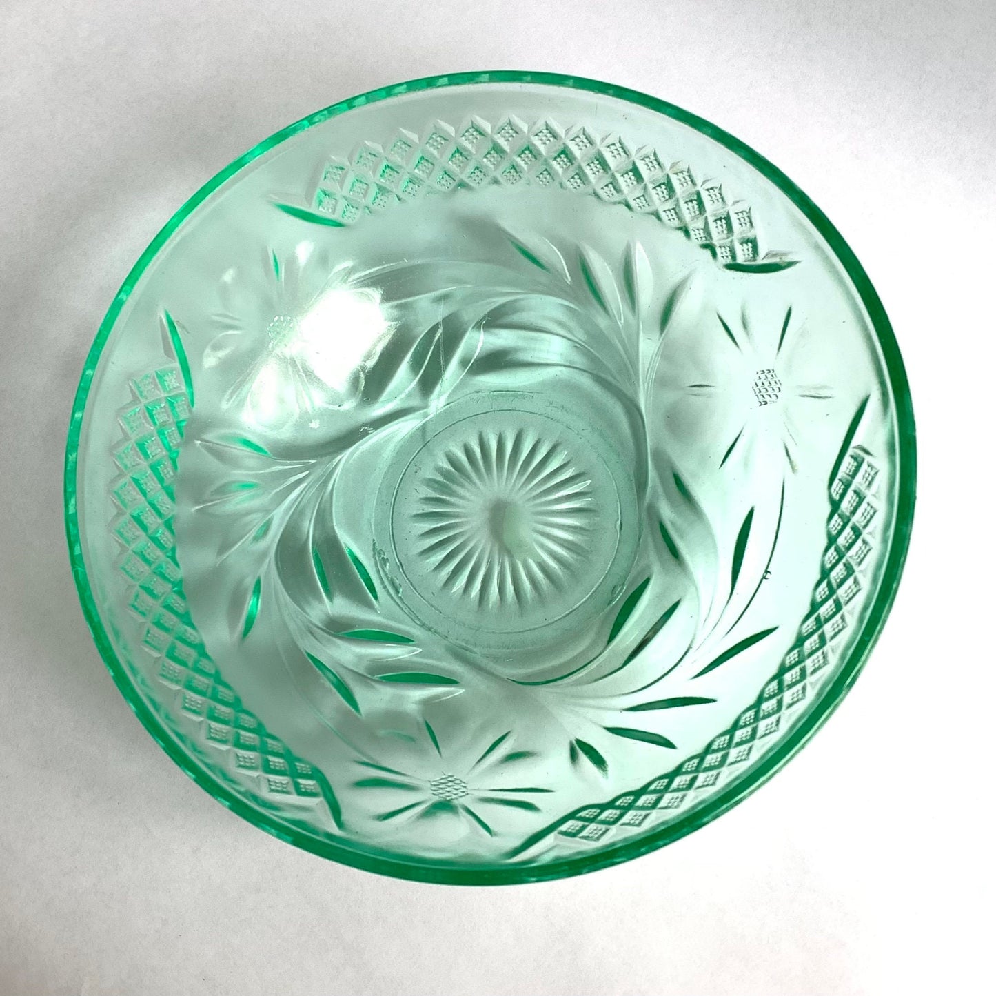 Hazel Atlas Uranium Glass Sherbet Set - Hazel Atlas Green Depression Vaseline Glass Floral and Diamond Set