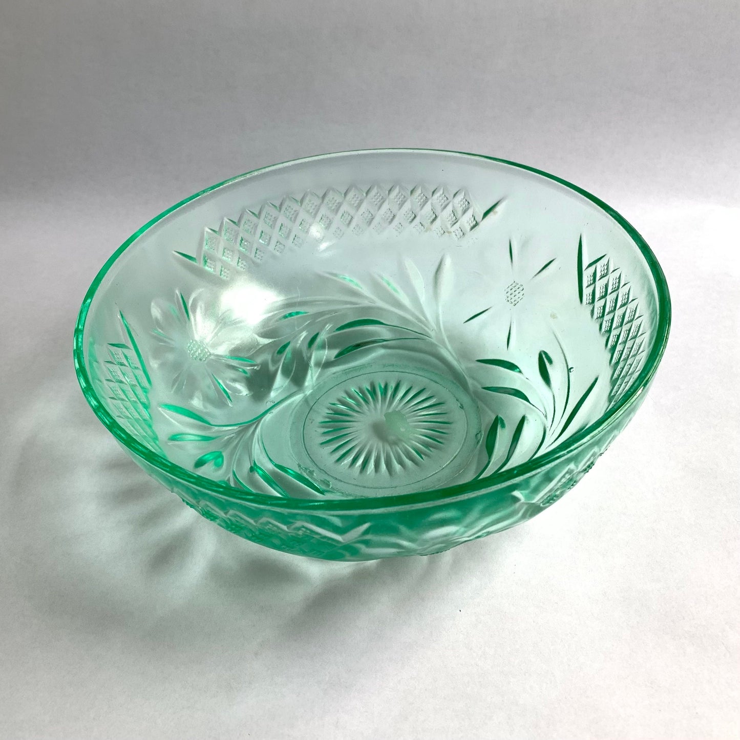 Hazel Atlas Uranium Glass Sherbet Set - Hazel Atlas Green Depression Vaseline Glass Floral and Diamond Set