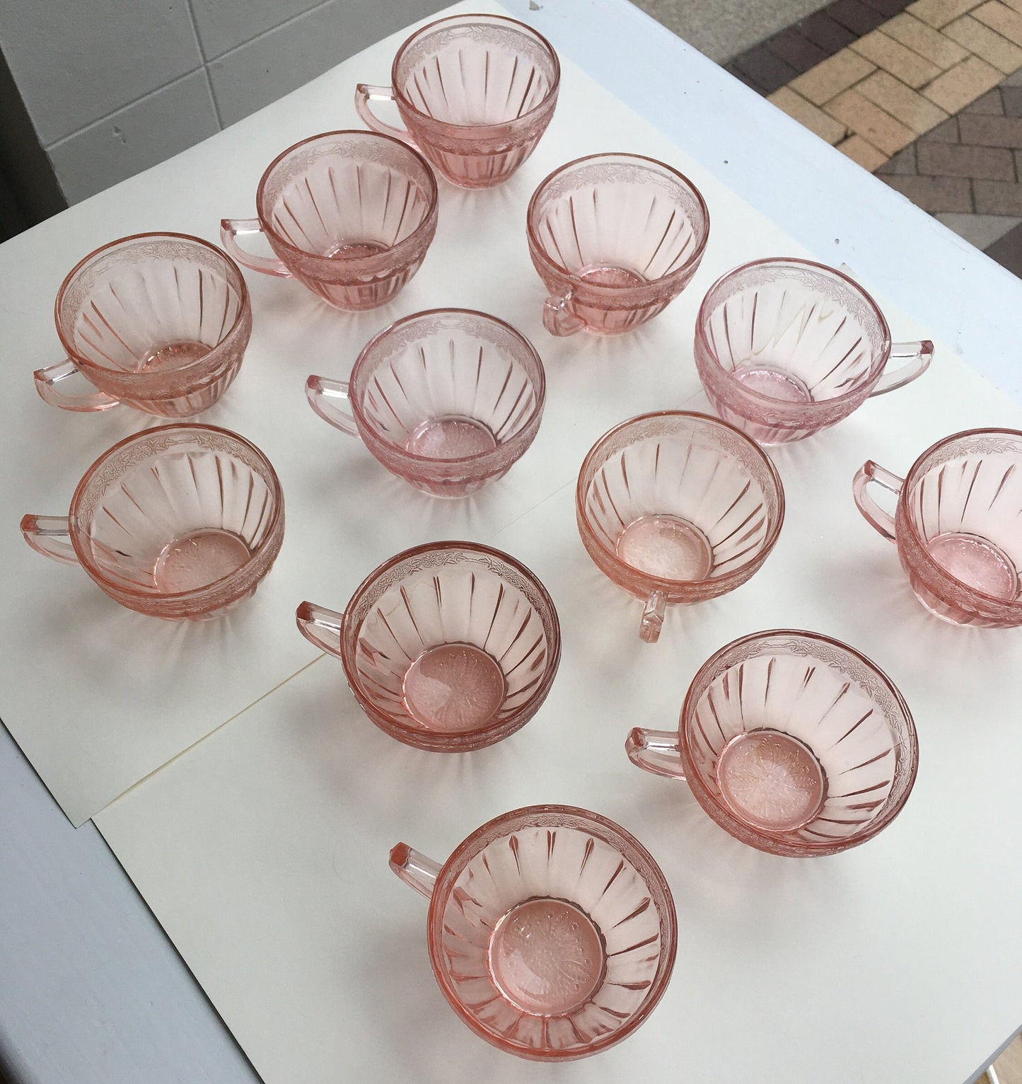 Pink Jeannette Depression Glass Adam Teacups and Saucers (12 available) Vintage 1930's