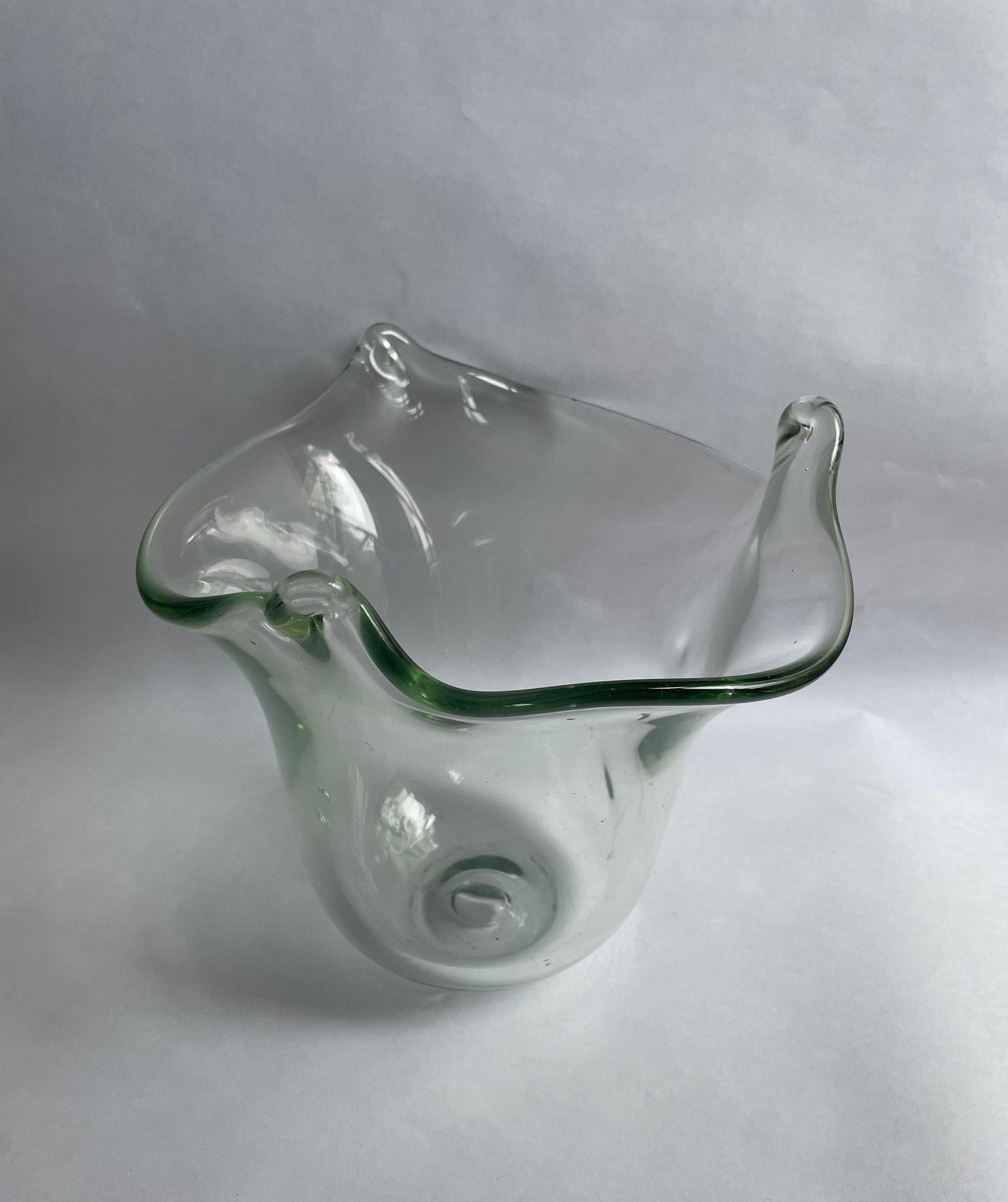 Blown Glass Bowl - Green Tinted Hand Blown Bowl - Hand made Ruffled Edge Decorative Bowl