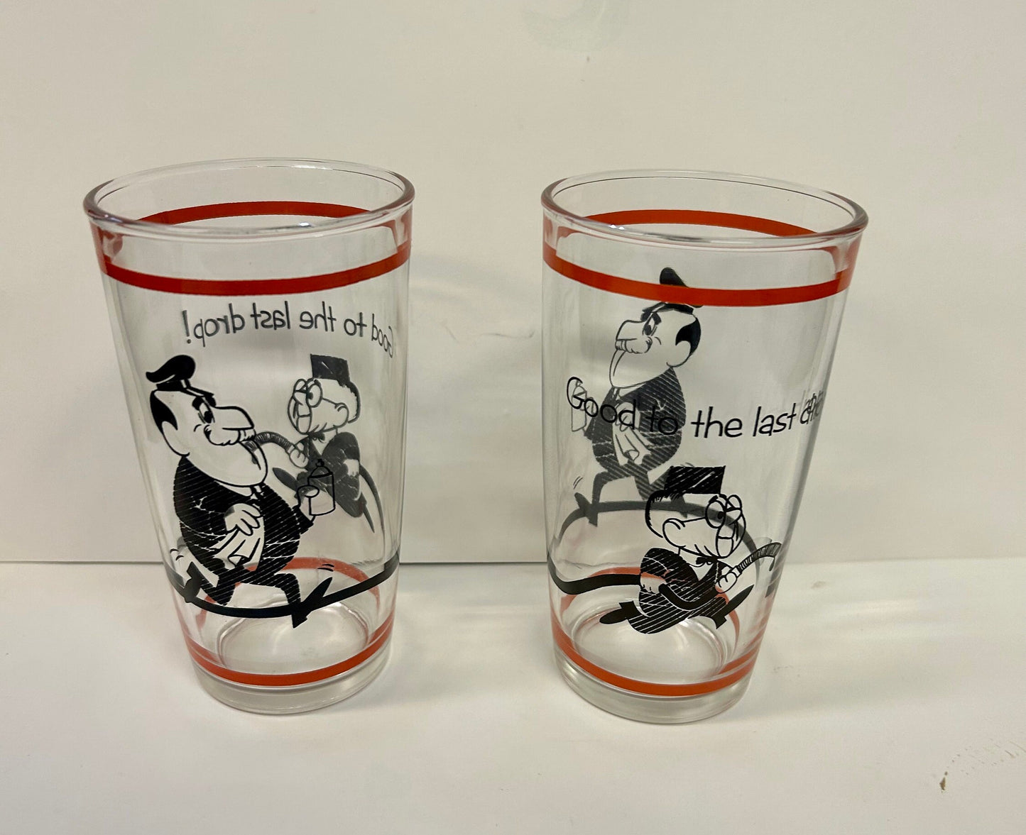Hazel Atlas Gay Fad 1950s Glasses - Vintage Painted Bartender 12 0unce Tumblers - 4 sold individually - Cartoon Painted Characters