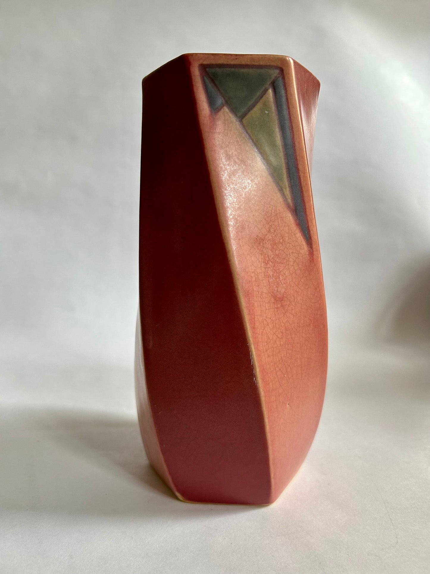RARE Roseville 1924 Twist Futura Vase # 424-8 - Art Deco Style Vase in matt Terracotta with inserts of Blue and Green - RARE Twist Futura