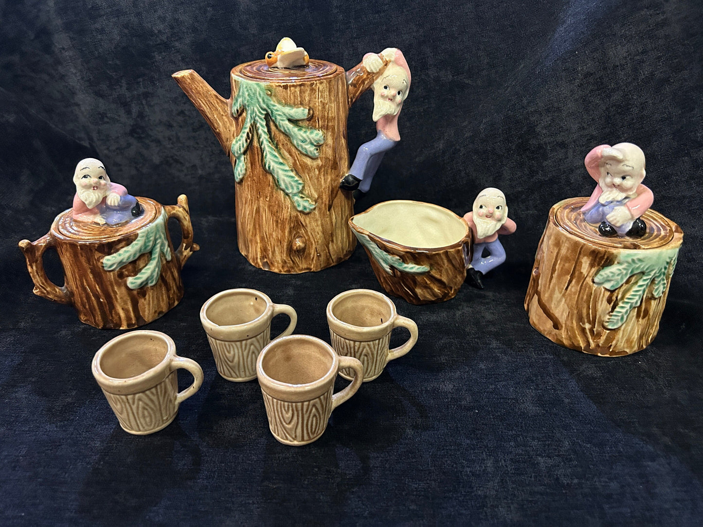 Gnome Tea Set, complete 11 Pieces - Mid Century Modern - Made in Japan - Handmade Pottery - Gnomes/Elves of the Forest - Adorable Vintage