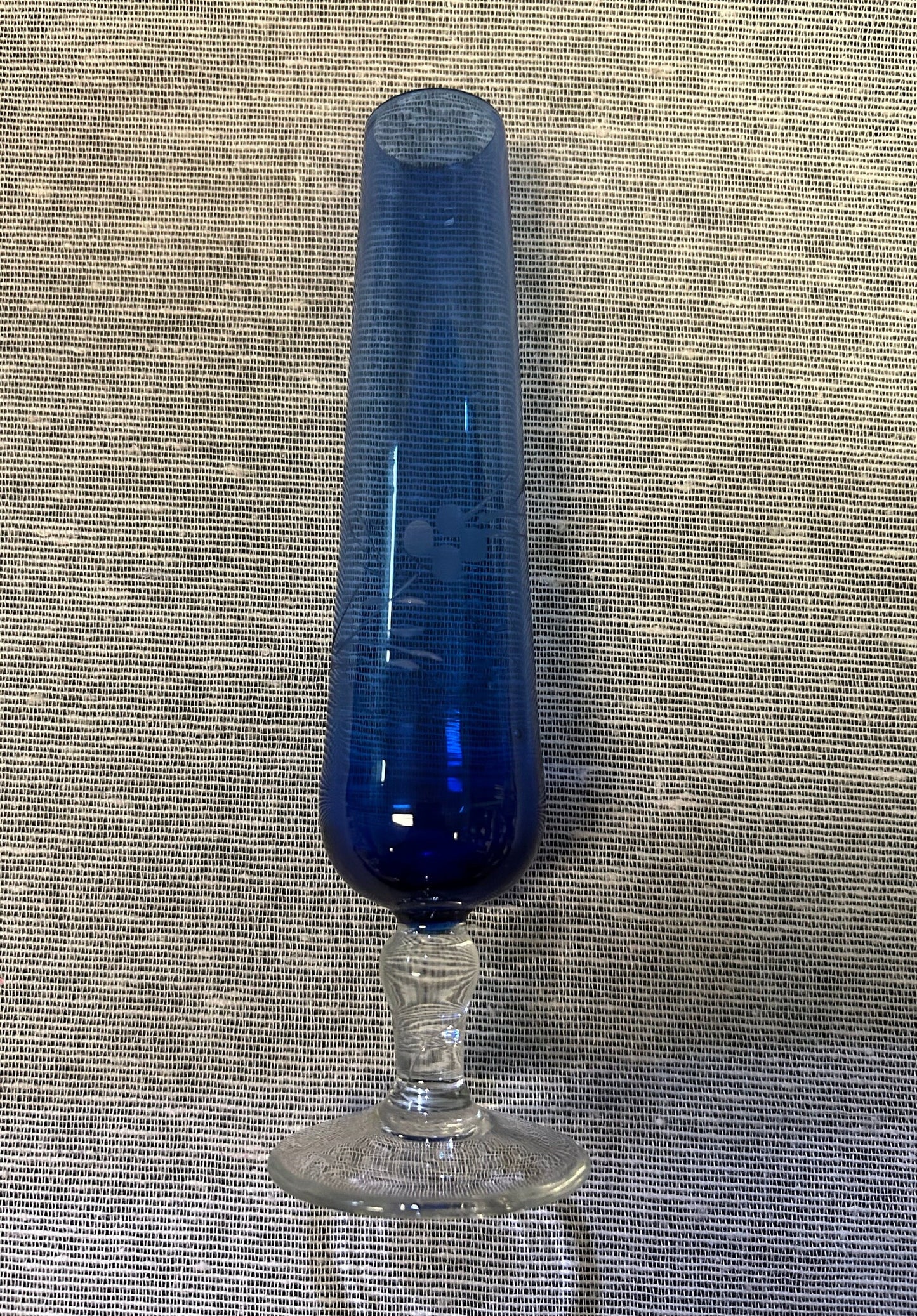Hand Crafted Cobalt Bud Vase Etched with Blossoms- Etched Glass- Cobalt Blue- Bud Vase