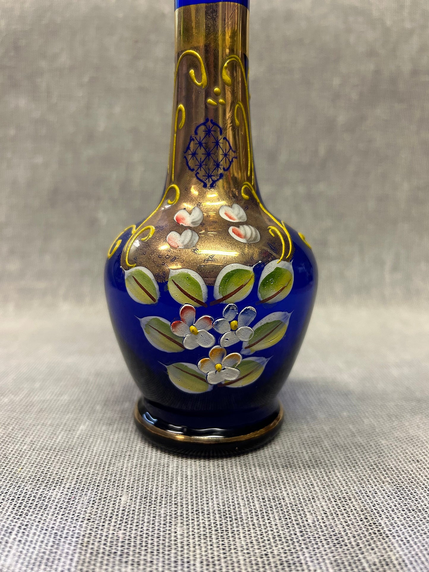 Cobalt Glass Hand-Painted Floral Bud Vase- Hand Painted- Cobalt Glass with Gold Gilt Paint
