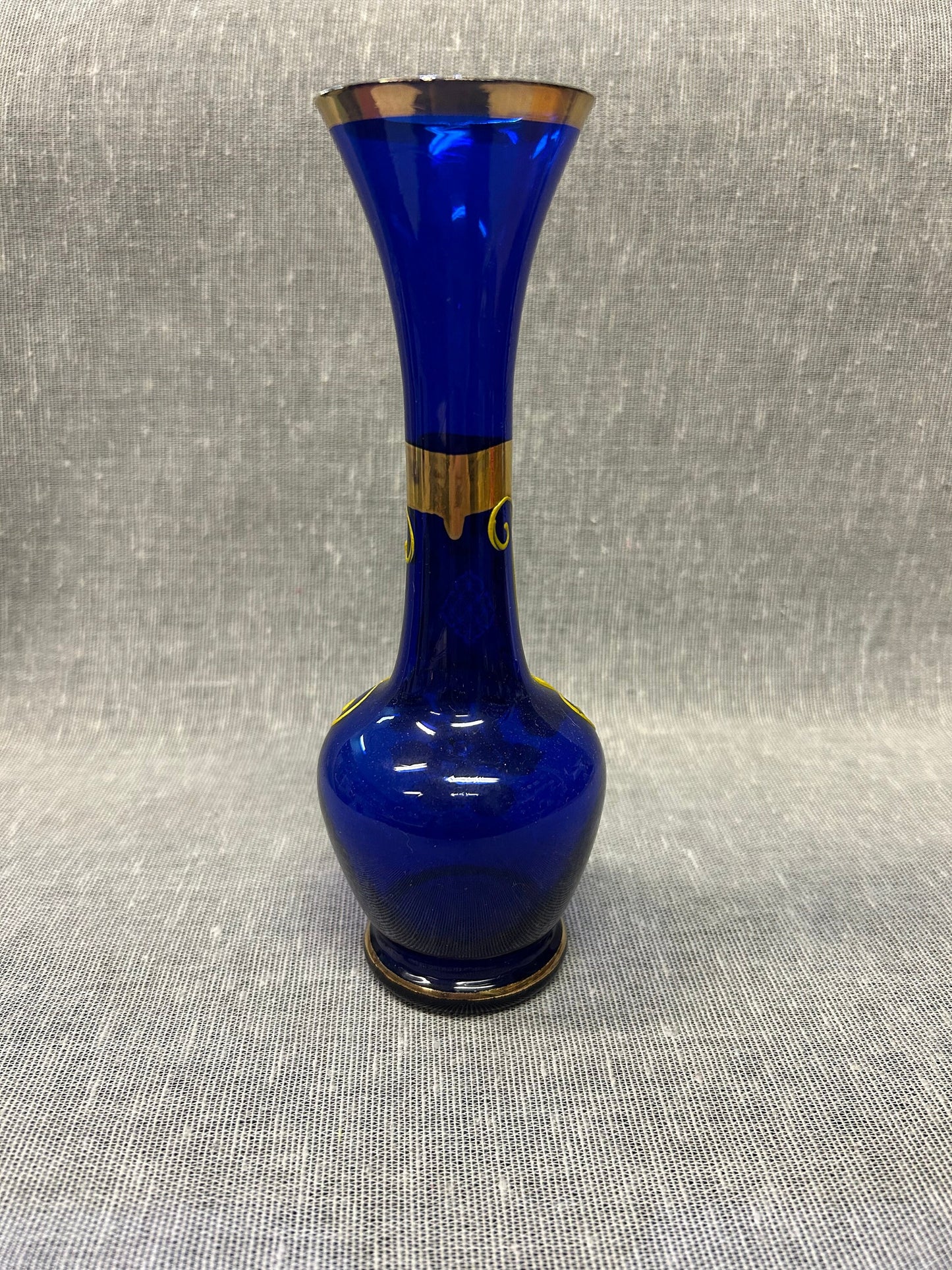 Cobalt Glass Hand-Painted Floral Bud Vase- Hand Painted- Cobalt Glass with Gold Gilt Paint