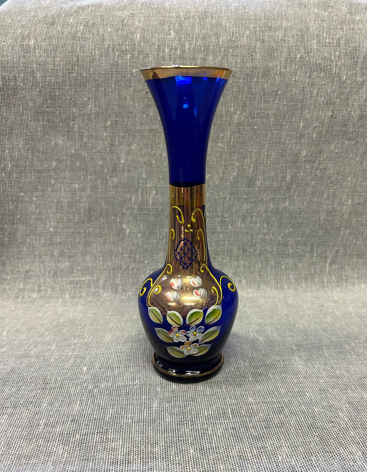 Cobalt Glass Hand-Painted Floral Bud Vase- Hand Painted- Cobalt Glass with Gold Gilt Paint
